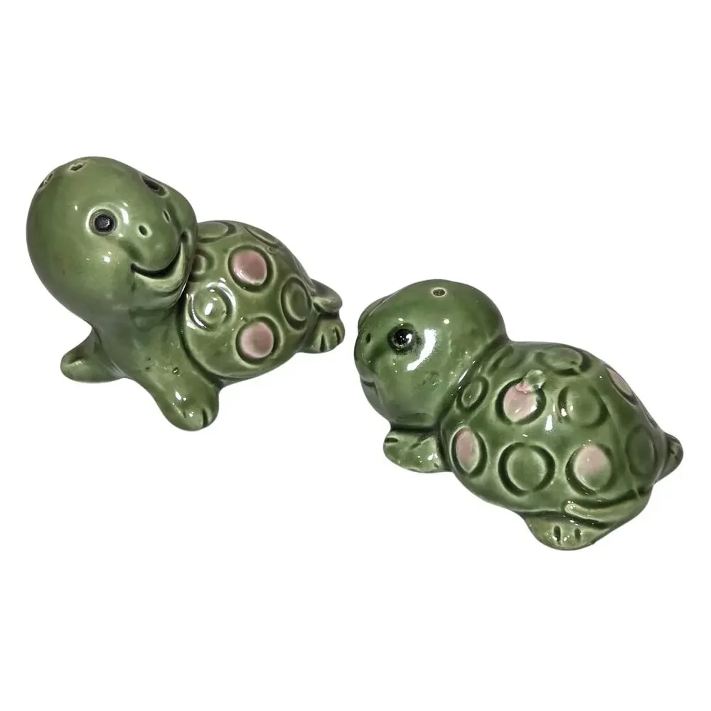 Vintage Japan Green & Pink Turtle Salt & Pepper Shakers Retro Ceramic